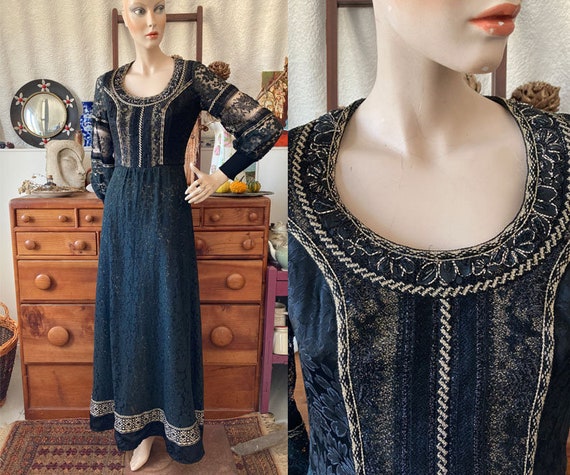 SIZE 10 / 1960s-70s 'hauser Wodell' Black Lace Maxi Dress