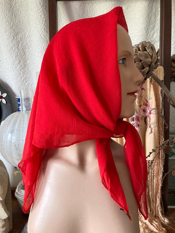 1950s Lipstick Red Crinkle Chiffon Scarf with Han… - image 3