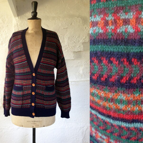 Vintage ‘Tulchan’ Fairisle Style Pure Wool Stripe Cardigan/ Scottish Wool Jumper / Vintage Jumper / SIZE UK S-M