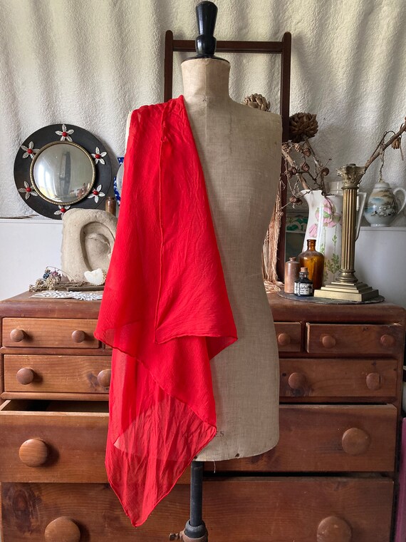 1950s Lipstick Red Crinkle Chiffon Scarf with Han… - image 8