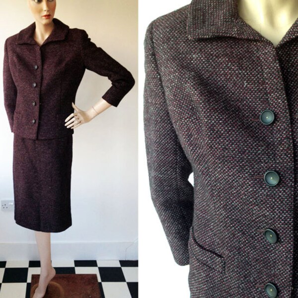 1960s ‘Jonelle’ Heather Tweed Mad Men Suit / 60s jacket & Pencil Skirt / Vintage Wool Suit / Size UK 8