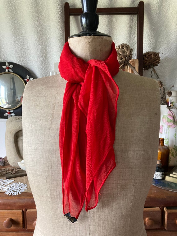 1950s Lipstick Red Crinkle Chiffon Scarf with Han… - image 9