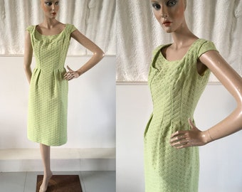 1950s-60s ‘Dobetts’ Apple Green Marylin Dress with Silver Sparkle / 50s Party Dress / Vintage Green Dress / SIZE UK 10