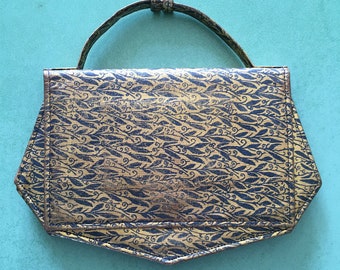 1920s-30s Gold Art Deco Japanese Evening Bag with Purple Brocade Lining