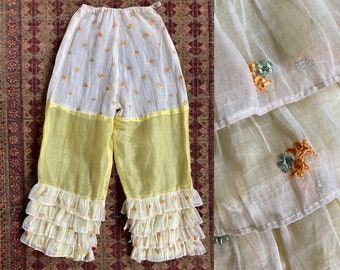 SIZE XXS / Antique Little Bo-Peep Frilly Floral Organza Bloomers in Cream & Yellow