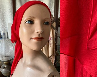 1950s Lipstick Red Crinkle Chiffon Scarf with Hand Rolled Hem