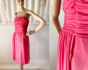SIZE 8 / 1950s-60s Sugar Pink Starlet Gathered Chiffon Cocktail Dress
