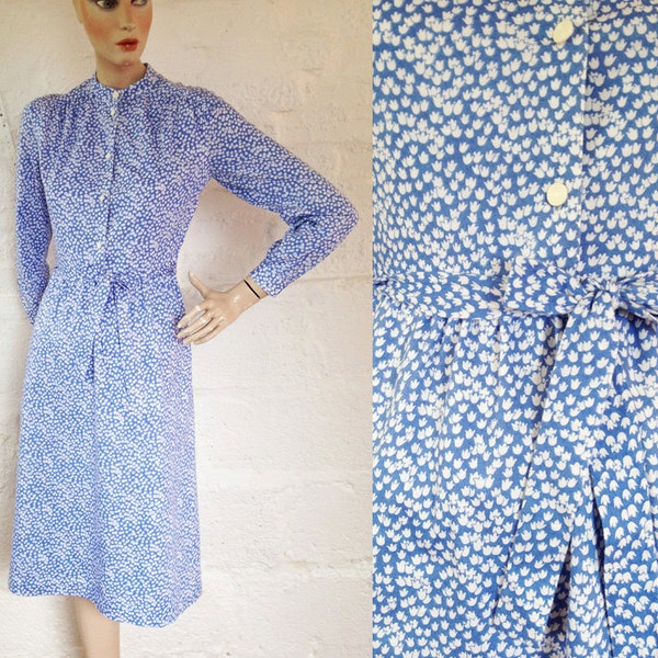 1960s/70s ‘Susan Small’ Blue Belle Dress / 60s Shirtwaister Dress / Vintage Floral Dress / Size UK 8