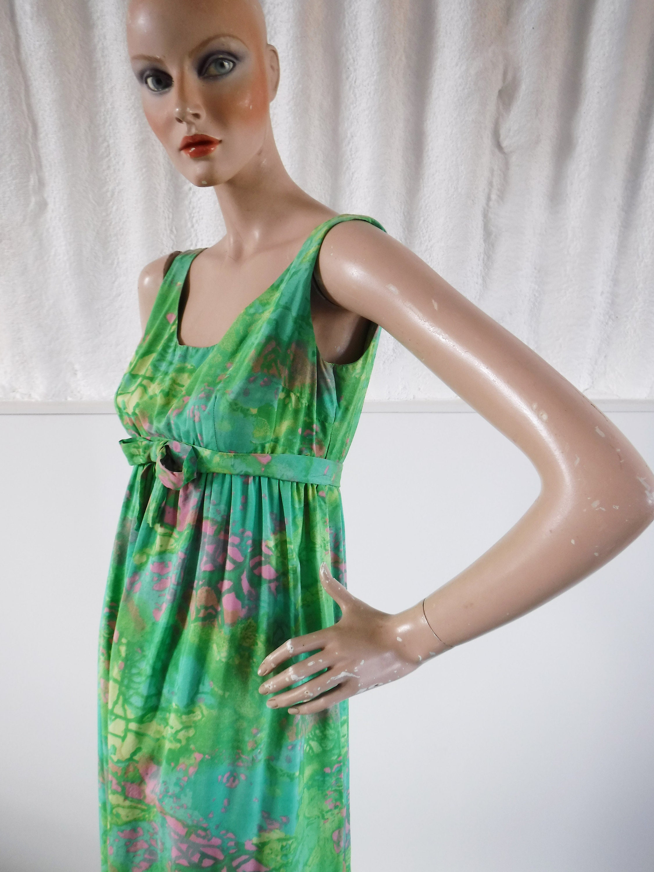 1960s frederick Starr Green & Pink Silk Empire Line Maxi - Etsy UK