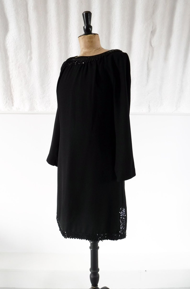 1960s \u2018Kitty Copeland\u2019 Black Tunic Evening Dress with Sequin Detail 60s Cocktail Dress Vintage Party Dress SIZE UK 14