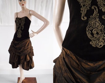 SIZE 8-10 / 1980s ‘Opera’ Brown & Gold Velvet and Taffeta Showgirl Dress