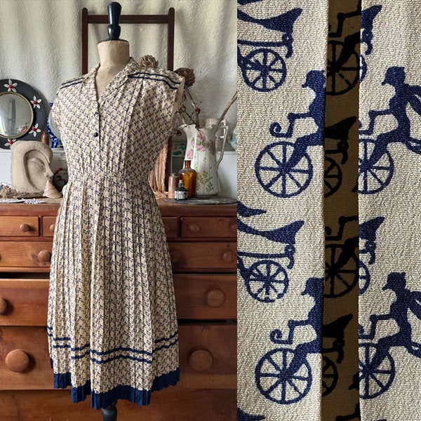 Susanne Lively Girls Blue Country French Bicycle Print Dress - Drop Waist