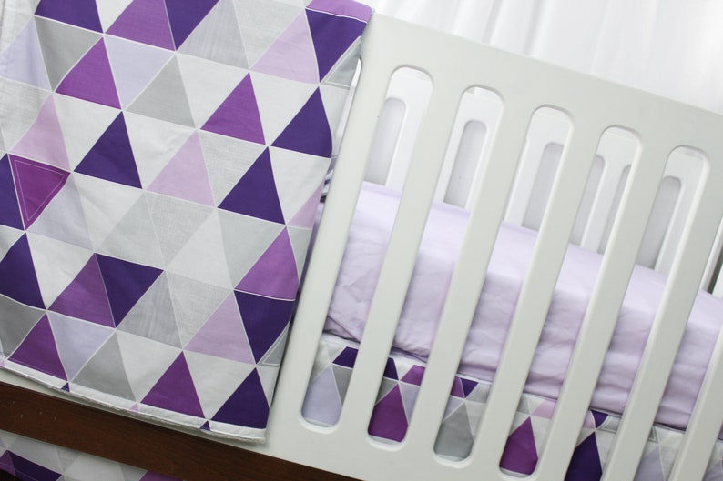 Purple And Grey Geometric Crib Bedding Baby Girl 3 Pc Set