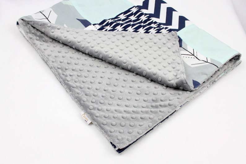 Made to order White Navy Mint and Gray Patchwork Blanket with Grey Minky Dimple Dot Backing