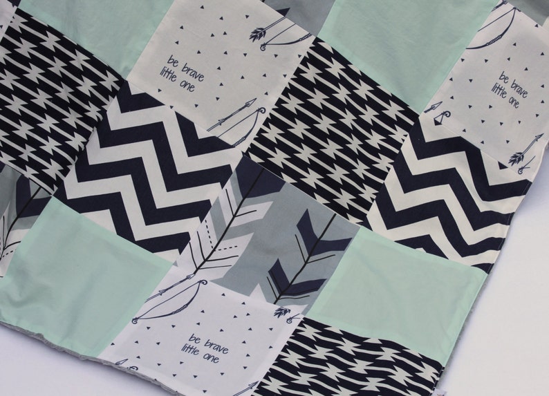 Made to order White Navy Mint and Gray Patchwork Blanket with Grey Minky Dimple Dot Backing