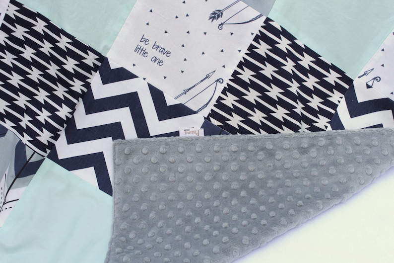 Made to order White Navy Mint and Gray Patchwork Blanket with Grey Minky Dimple Dot Backing