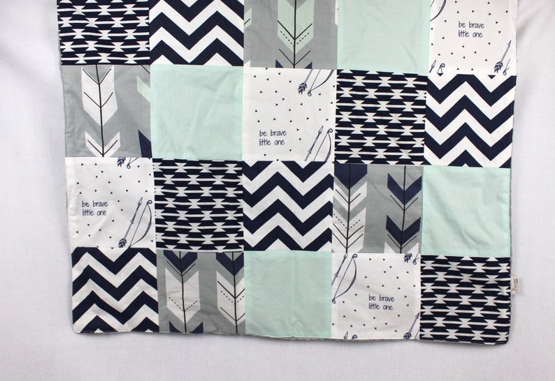 Made to order White Navy Mint and Gray Patchwork Blanket with Grey Minky Dimple Dot Backing