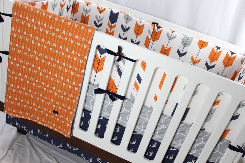 Navy Grey and Orange Woodland Crib Bedding