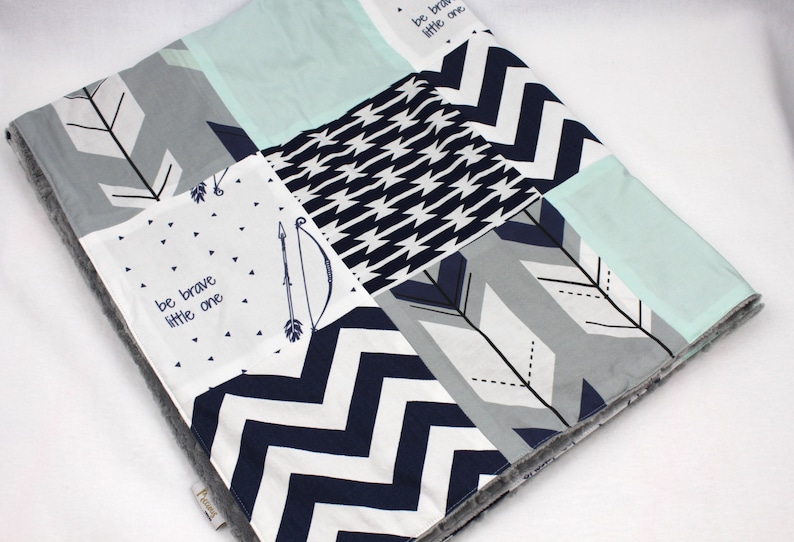 Made to order White Navy Mint and Gray Patchwork Blanket with Grey Minky Dimple Dot Backing