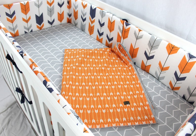 Navy Grey and Orange Woodland Crib Bedding