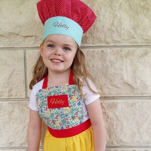 Girls Baking Set Apron and Chefs Hat Kids Apron Set Kids Chef Hat Personalised Kids Aprons Apron Gift Set Cooking Play Set image 1