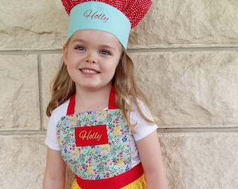 Girls Baking Set | Apron and Chefs Hat | Kids Apron Set | Kids Chef Hat | Personalised Kids Aprons | Apron Gift Set | Cooking Play Set