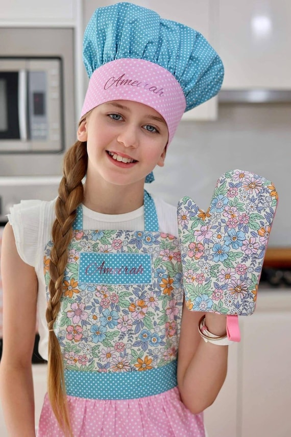 Apron Gift Set Floral Apron Kids Apron and Chef Hat Toddler Apron Set Girls  Apron Personalized Kids Baking Set Kids Cooking Set 