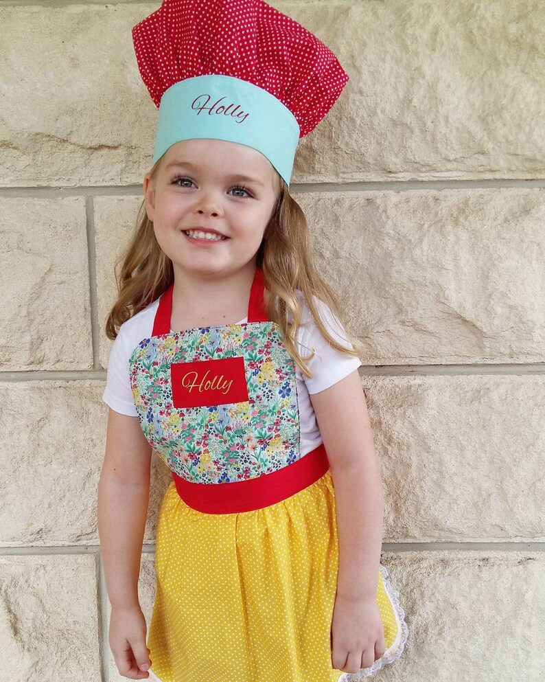 Girls Baking Set Apron and Chefs Hat Kids Apron Set Kids Chef Hat Personalised Kids Aprons Apron Gift Set Cooking Play Set image 1