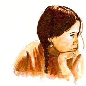 May include: A watercolor painting of a person with long brown hair, wearing a light brown shirt, looking to the right. The person has a thoughtful expression and is resting their chin on their hand.