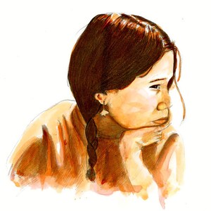 May include: A watercolor painting of a young person with brown hair, wearing a light brown shirt, looking off to the side. The person has a braid in their hair and is wearing a small earring.