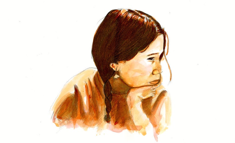 May include: A watercolor painting of a young person with brown hair, wearing a light brown shirt, looking off to the side. The person has a braid in their hair and is wearing a small earring.