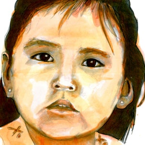 May include: Watercolor portrait of a person with dark hair and brown eyes. The person is looking directly at the viewer. The skin tone is light with warm tones. The person is wearing a light-colored top with a floral design.