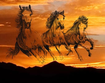 Spirit Horse Art Print, Native American Sunrise Drawing  Available in BLUE or GOLD  "UNEGV"