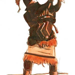 May include: A watercolor painting of a person wearing a brown and red costume with a large hat and holding a wooden staff. The person is dancing and their legs are bent at the knees.