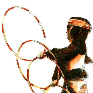 May include: A person wearing a red and white headband is holding three red and white hoops. The hoops are interlocked and the person is holding them in their hands. The person is wearing a black shirt and pants.