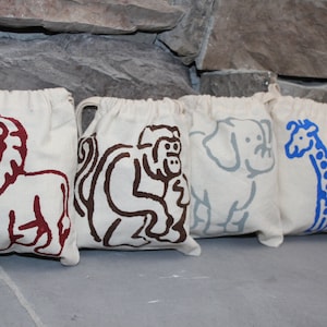 Set of 4 Hand-Stenciled Zoo Jungle Animals Gift or Party Favor Bags Cotton Muslin 5 x 6 Lion, Monkey, Elephant & Giraffe