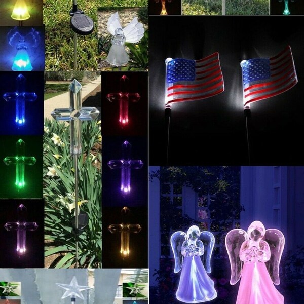 2 Set Fiber Wings Angel/Cross/USA Flag/Arcylic Cross/Arcylic Angel/Five Point Star/Star Flag Clear Acrylic Solar Garden Stick Stake Light