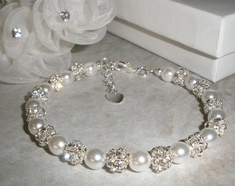 Bracelet de mariée scintillant, Bijoux de mariée, Bracelets de mariée, Bracelet en cristal de perle blanche, Bijoux de mariage, Bijoux de mariée en perle, Accessoires