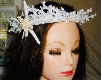 Starfish Bride Tiara, Beach Bride Crown, Wedding Hair Piece, Under the Sea Costume Accessories, Cosplay Mermaid Tiara, White Bride Crown