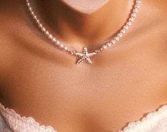 Collier étoile de mer, bijoux de mariée de plage de perles, mariée sur le thème de l'océan, bijoux de mariée sur le thème nautique, livraison gratuite, bijoux de mariage étoile de mer