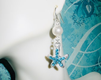 Aqua Crystal Starfish Earrings, Beach Bride Starfish Dangles, Beachy Accessories, Destination Wedding Jewelry, Pearl Starfish Drops, Gift