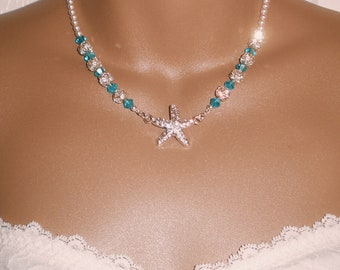 Collier mariée étoile de mer, bijoux étoiles de mer de demoiselles d'honneur, destination de mariage, quelque chose de bleu, bijoux pour la mariée, mariée de plage