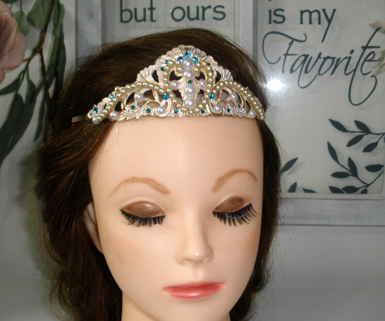 Gold Teal Bride Tiara Elegant Wedding Hair Piece Photo Shoot Etsy