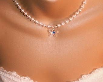 Swarovski Crystal Starfish White Pearl Bride Necklace, Destination Wedding, Beach Bride, Ocean Themed Wedding Jewelry, Starfish Jewelry