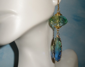 Sparkling Blue Green Gold Dangle Earrings, Womens Jewelry, Womens Earrings, Statement Earrings, Faceted Glass Drop Earrings, Gift for Her