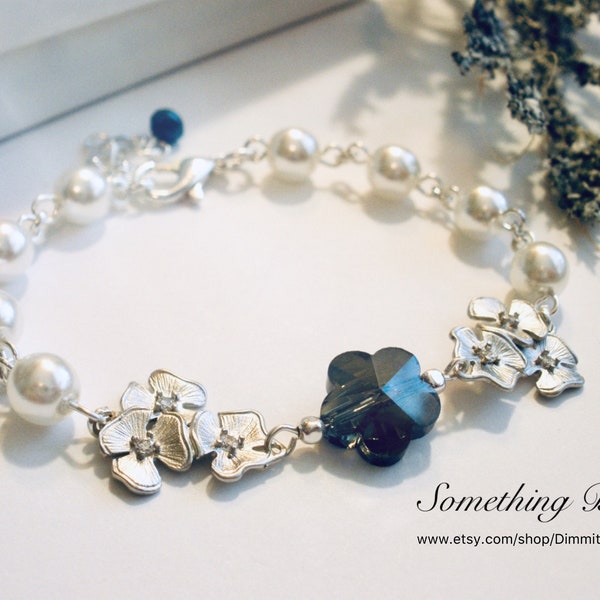 Something Blue Bride Bracelet, Petite Bride Jewelry, Floral Pearl Bride Bracelet, Wedding Jewelry, Wedding Bracelet, Unique Bride Jewelry