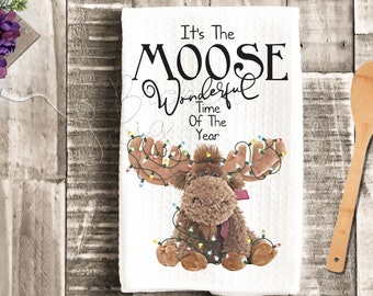 Moose Wonderful Time Of The Year Christmas Kitchen Waffle Weave Tea Towel, Cute, Funny Christmas Decor, Gift, Dish Towel