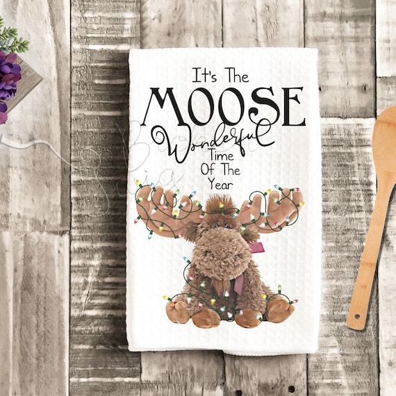 Moose Wonderful Time Of The Year Christmas Kitchen Waffle Weave Tea Towel,  Cute, Funny Christmas Decor, Gift, Dish Towel