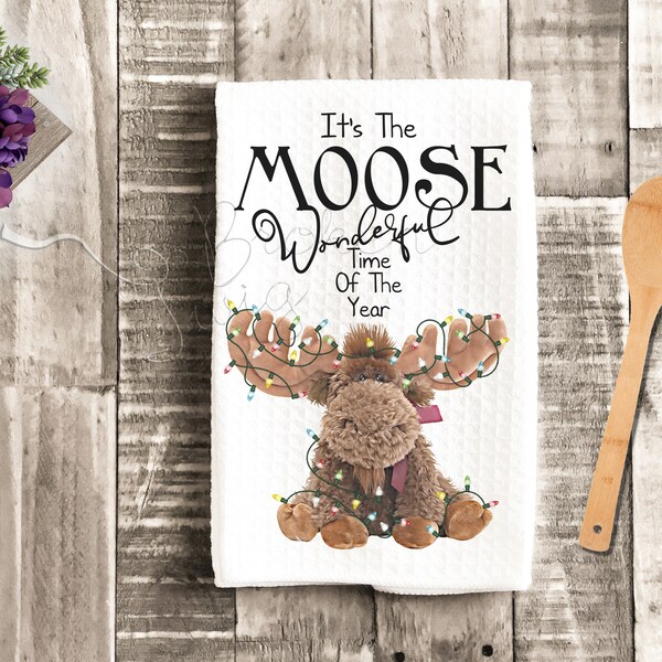 Moose Wonderful Time Of The Year Christmas Kitchen Waffle Weave Tea Towel, Cute, Funny Christmas Decor, Gift, Dish Towel