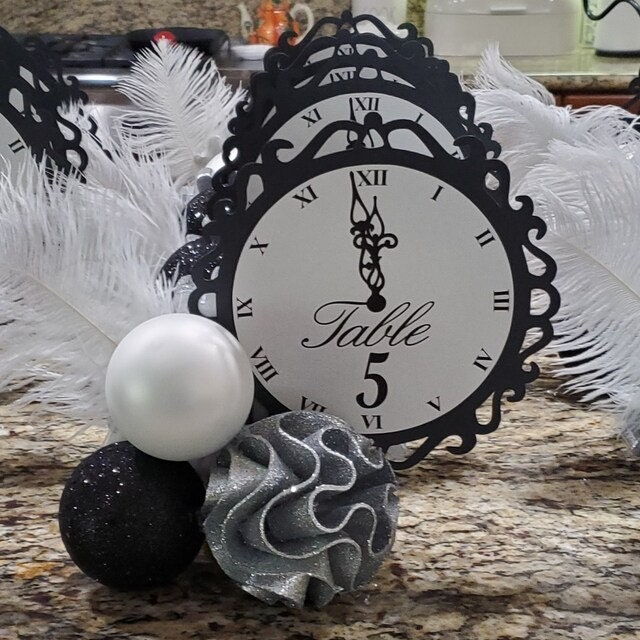 New Year's Eve Wedding Clock Table Numbers - NYE Party or Wedding Table Numbers Black, Gold & Navy
